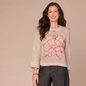 NWT DEMOCRACY Women’s Floral Embroidered Brown Sweater Size Small